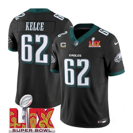 Men's Philadelphia Eagles #62 Jason Kelce Black 2025 Super Bowl LIX Patch And 4-Star C Patch New F.U.S.E. Vapor Limited Stitched Football Jersey